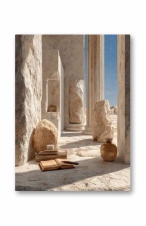 Premium Authentic Ancient Ruins with Books and Vase in Sunlit Desert Modern Inspirational Lifestyle for Creative Editorial and Social Media