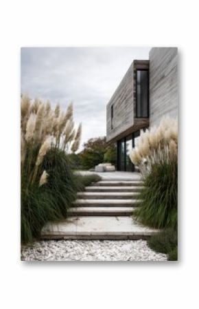 Modern architectural design showcases a serene entrance surrounded by natural elements in a tranquil outdoor setting with soft clouds overhead