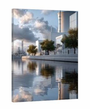 Clouds loom over a nuclear power plant amid lush green fields and a winding path, blending industry with nature