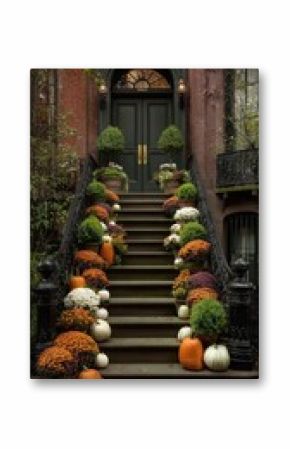 The office staircase showcases Halloween-themed decorations including pumpkins and fall plants, establishing an autumnal atmosphere  this is the idea behind festive workplace aesthetics.