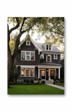 Charming two-story house with dark wood siding surrounded by lush greenery in a serene neighborhood during the golden hour
