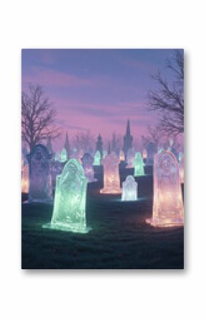 Eerie graveyard at dusk with glowing tombstones in various colors, surrounded by leafless trees under a starry sky, creating a haunting yet beautiful atmosphere