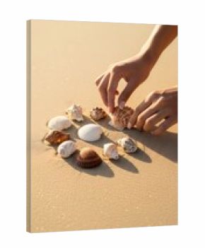 Woman arranging seashells in a pattern on a sandy beach. Summer vacation and holiday travel concept with natural elements.