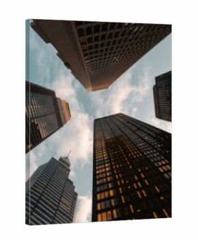Looking up at the towering skyscrapers in the city center, a modern urban landscape with a sense of architectural grandeur and financial power