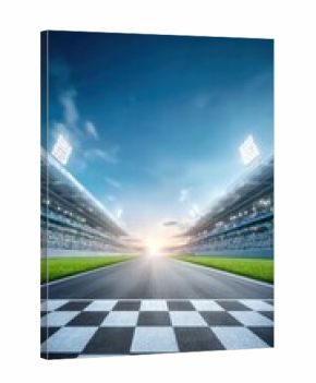 Race track finish line with checkered pattern and stadium background.