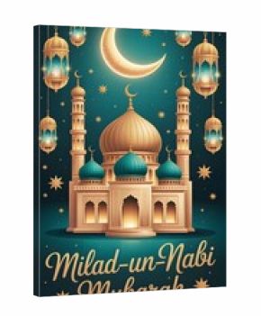 Golden Mosque with Crescent Moon and Lanterns Islamic Celebration Illustration image
