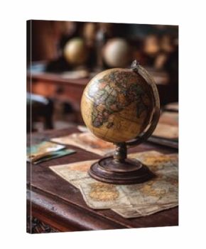 A vintage globe rests on an antique wooden table, surrounded by old maps, creating a nostalgic and scholarly ambiance.