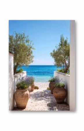 Beautiful coastal pathway lined with potted plants leading to a tranquil blue sea on a sunny day in a Mediterranean landscape