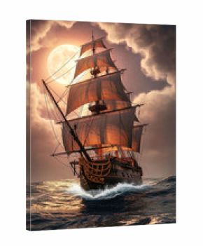 A wooden tall ship with glowing brown sails braving rough ocean waves in dramatic dark cloudy sky under the moonlight