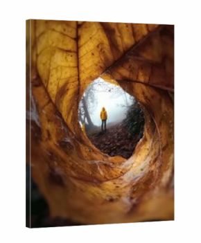 Una figura vestida de amarillo avanza por un sendero brumoso, enmarcada por la curvatura de una hoja otoñal gigante.