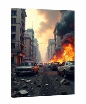 A chaotic scene of overturned vehicles and burning debris amidst a city skyline, depicting the destructive aftermath of a violent revolution and conflict ,  destruction,  battleground,  debris