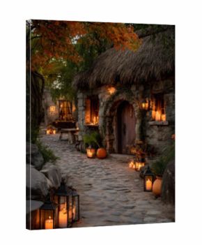 Rustic Autumn Evening with Lanterns and Pumpkins in Stone Cottage Village