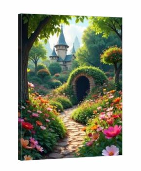 A whimsical, hidden park bursts into view, unexpected and delightful, filled with vibrant flowers and playful structures Discover the joy of the unexpected in this secret garden , spring, path, park