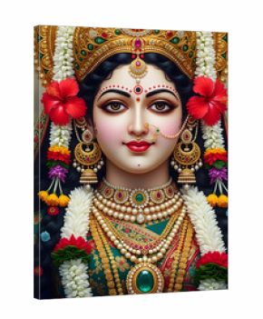 Durga mata portrait with crown and red roses. Mata Durga smiling portrait with soft light. jewelry. Crown.