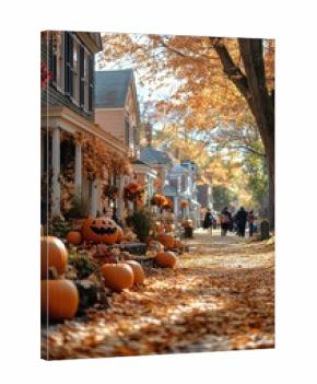 Charming Autumn Street Lined With Pumpkins and Fallen Leaves in Small Town During Fall Season