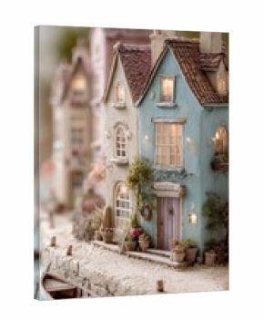 Charming Miniature Coastal Village Displaying Quaint Architecture and Artistic Detail in a Serene Waterfront Setting