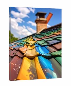 Colorful roof tiles under a blue sky