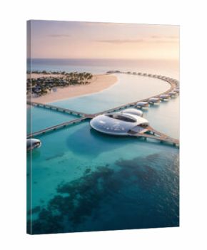 Saudi Arabia Red Sea Project futuristic resort with floating villas and dome architecture at sunset