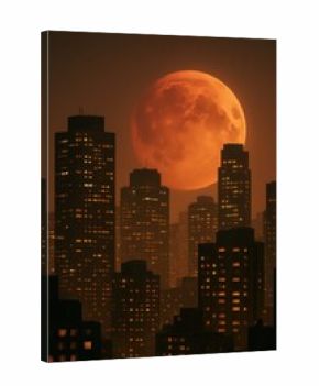 Blood Moon Over City Skyline – Dramatic Night Cityscape with Full Red Moon