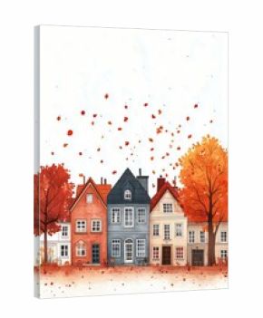 Charming Autumn Landscape With Colorful Houses and Falling Leaves in a Peaceful Neighborhood