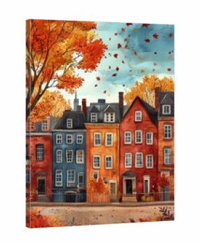 Autumn Streetscape With Colorful Houses and Falling Leaves in a Vibrant Urban Setting.