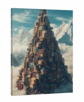 Mountain of Books Towering Above Clouds in Surreal Landscape at Sunset.