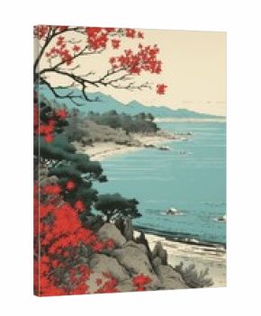 Japanese wood block print illustration of bay landscape outdoors nature.