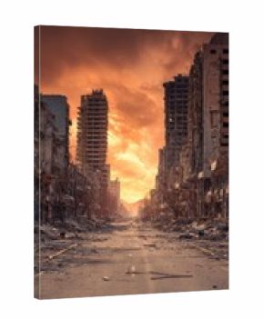Stunning photo of empty street of burnt up city. Apocalyptic view of city downtown as disaster film poster concept. City destroyed by war.