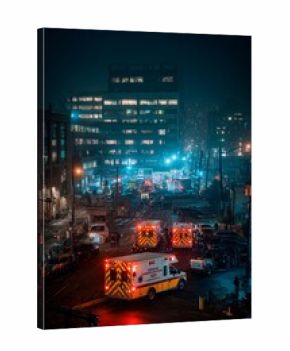 Emergency vehicles illuminate a city block at night. Paramedics assist in a serious situation while crowds gather, creating a scene filled with activity and urgency