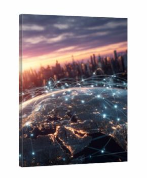 Global Network Connections over Earth. Digital connections and glowing city lights create a sense of worldwide communication and progress.