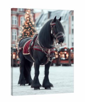 Majestic black horse adorned with elegant harness and festive decorations stands in a snowy square, surrounded by holiday lights and a Christmas tree, embodying winter celebration spirit