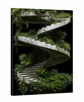 Spiral concrete stairs overgrown with lush greenery