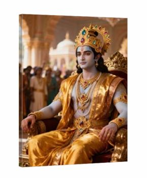 Lord krishna, a hindu deity, adorned in golden royal attire and crown, seated on a throne