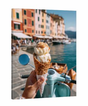 Enjoying Gelato: A delightful moment captured at a coastal town, where a person hand holds a scoop of gelato next to a scooter.
