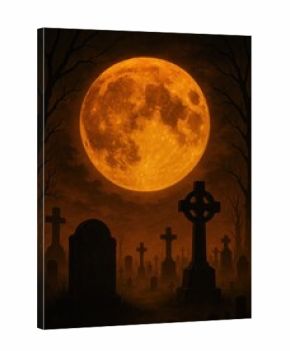 Eerie moonlit graveyard scene