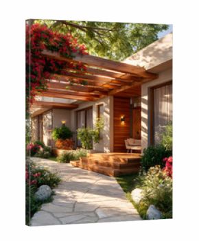 Wooden pergola covering the entrance of a modern house with beautiful garden