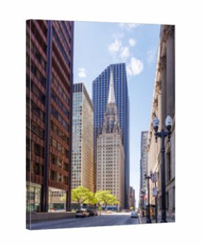 Vibrant sunny view of Chicago downtown skyline under a blue sky