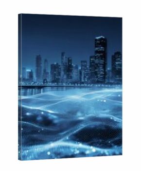 City Skyline With Digital Waves Glowing Under Night Sky Near Water