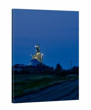 Illuminated grain silos and processing facility in rural Saskatchewan at night with farmland and dirt road in the foreground.