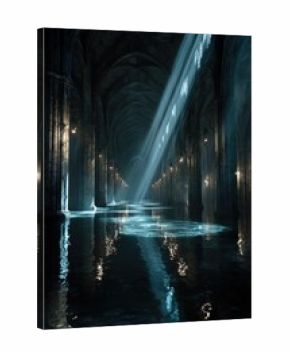 Sunbeams pierce a dark, flooded gothic hall  water reflects the stone pillars and arched ceilings, creating a mysterious, ethereal atmosphere
