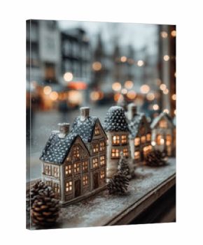 Miniature ceramic houses with glowing windows sit on snowy windowsill, surrounded by pinecones. warm bokeh lights in background create cozy, festive atmosphere