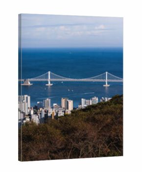 Busan city panorama beautiful skyline view from Hwangnyeongsan mountain observatory, Busan port, Gwangan bridge and harbor bay, South Korea, Yeongnam district, sunny day, travel to Republic of Korea