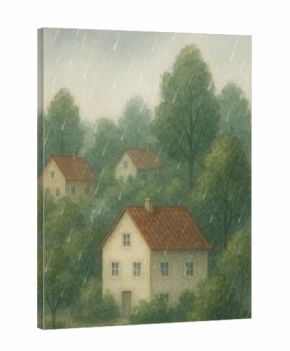 Serene village rain scene.