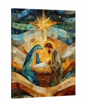 The nativity scene with Mary, Joseph, and baby Jesus under a bright star