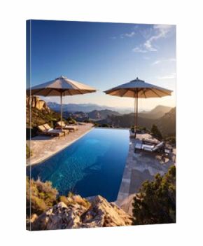 swimming pool with beach umbrella and chairs. Summer vacation concept. 3d rendering