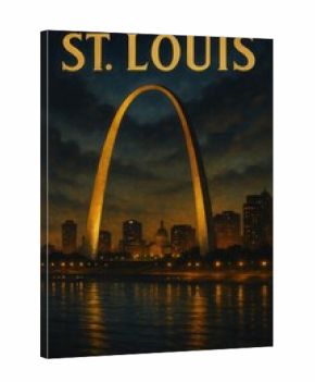 St. Louis Missouri skyline at twilight featuring the Gateway Arch and the historic Old Courthouse with city lights reflecting in the Mississippi River and buildings behind