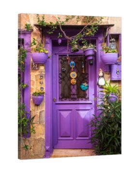 Colorful decorative doors of old houses in the streets of Ayvalik city center. Ayvalik - Turkey
