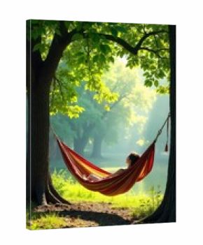 Serene outdoor resting spot, shaded hammock strung between trees, dappled sunlight filtering through leaves Peaceful nature scene, ideal for relaxation and tranquility , peace, autumn, peaceful