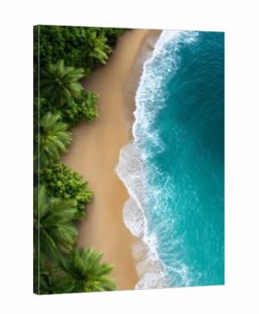 Tropical beach with turquoise waves gently hitting golden sand, aerial view with lush green palm trees, ideal for travel ads, nature prints, and summer design 