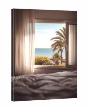 Cozy Hotel Room with Ocean View through Window 